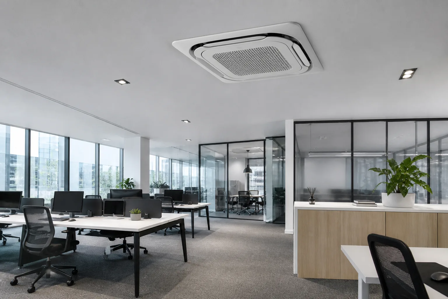 Modern office with a ceiling cassette air-conditioning unit